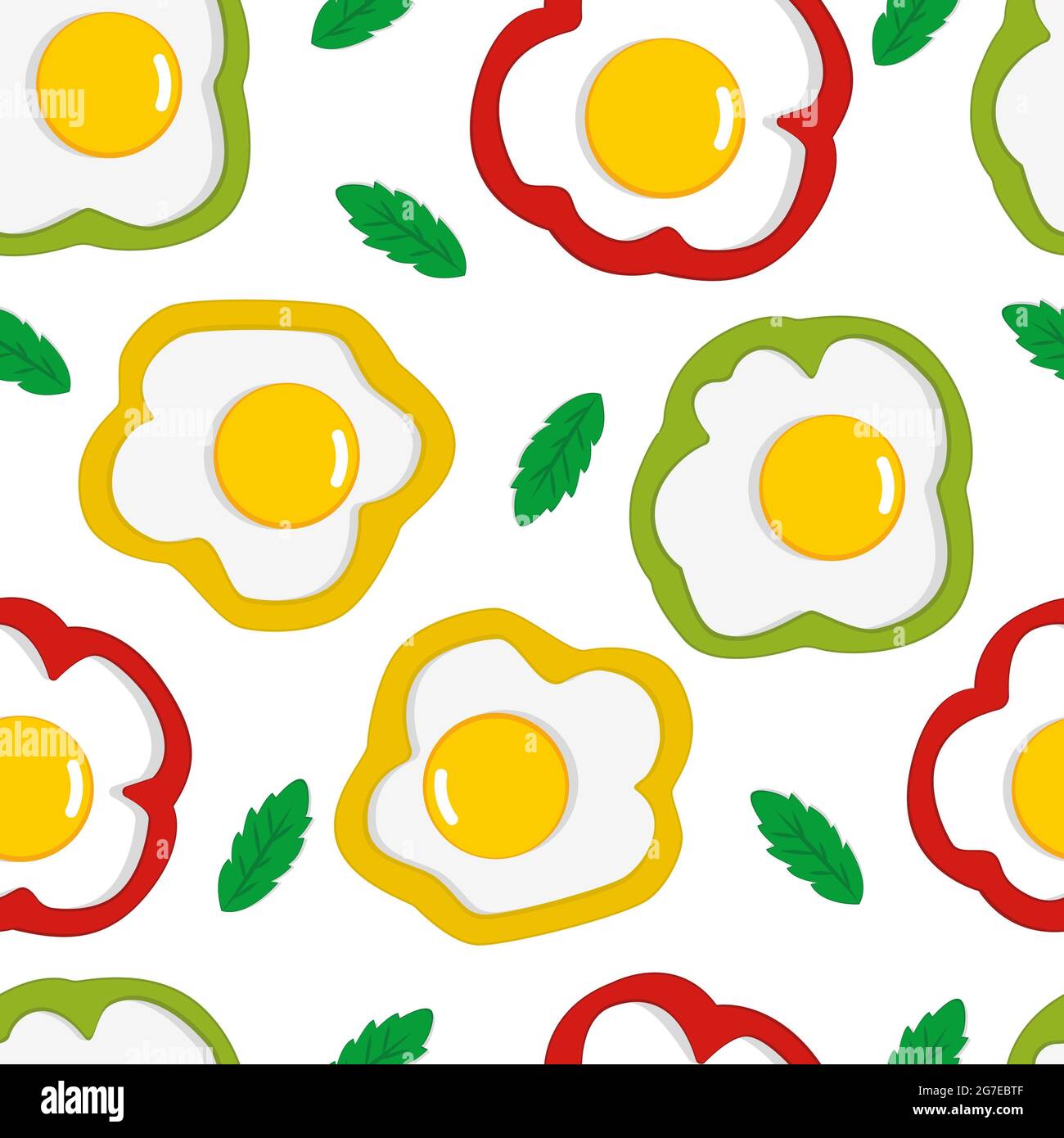 Rühreier-Muster. Zerbrochene Eier nahtloses Muster. Frühstück im Hintergrund. Nahtloses Vektor-Muster für Lebensmittel. Flache Illustration für Textil, Tapete, wr Stockfoto