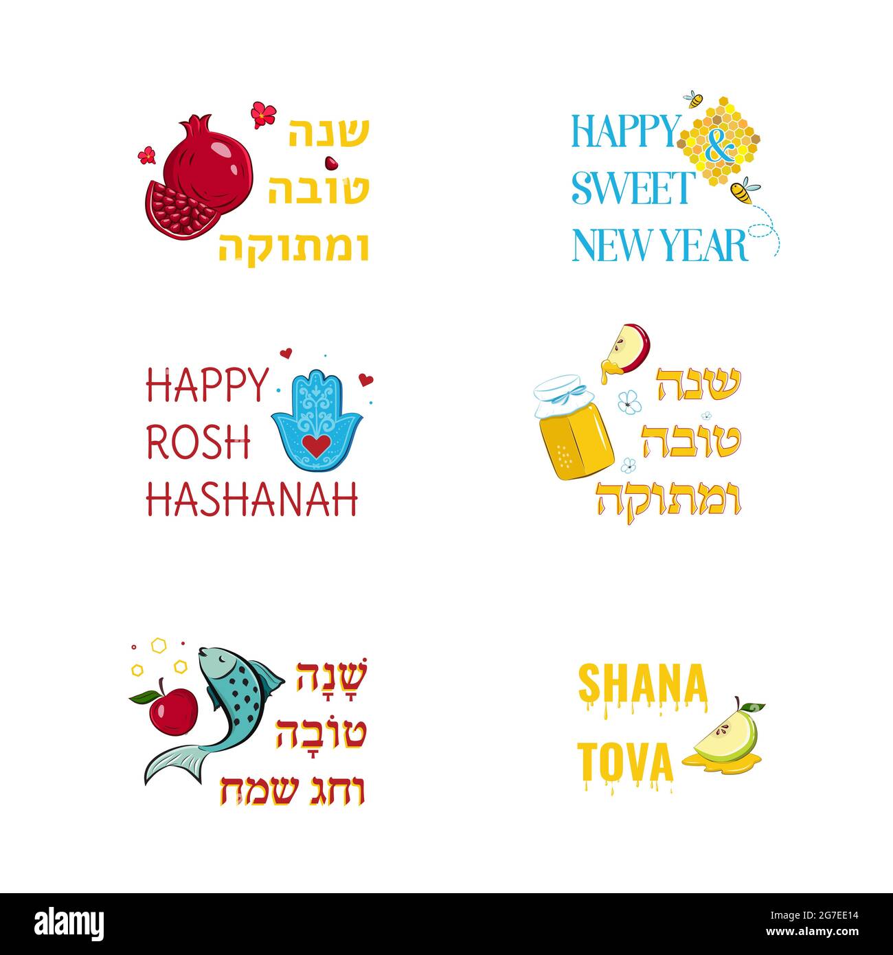 Rosh Hashanah Jüdische Feiertagsgrußkarten mit traditionellen Grüßen und Symbolen, Apfel, Granatapfel, Honig, Fisch, hamsa. Hebräischer Text. Stock Vektor