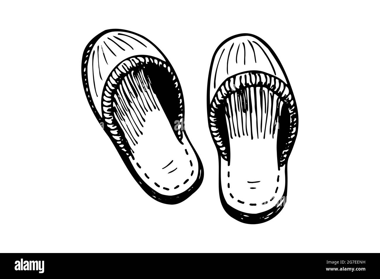Schlafender Slipper Paar handgezeichnete Skizze. Startseite bequeme Schuhe Paar schwarz und weiß Doodle. Schlafzimmer Hausschuhe Vektor isoliert eps Abbildung Stock Vektor