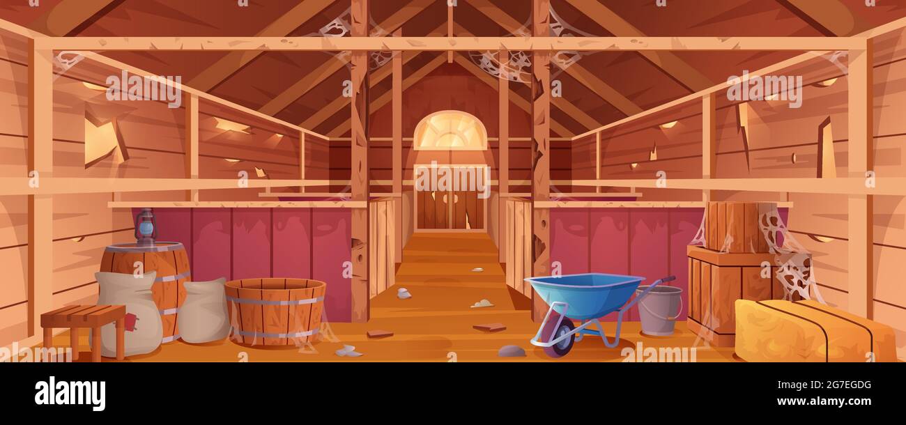 Cartoon verlassene Scheune Innenraum mit Spinnennetz und zerstörte Wände. Vernachlässigtes Bauernhaus oder leere Holzfarm mit Ständen, Heuhaufen, Säcken und Tor. Altes Lagerhaus für Tiere auf dem Land. Stock Vektor