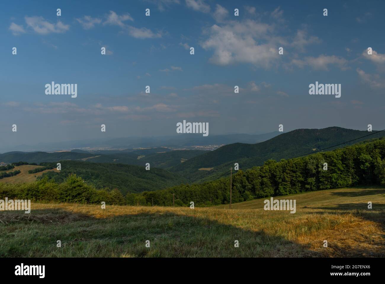 Farbfelder und Weideland in der Nähe von Vyskovec Dorf in Mähren Region in der Tschechischen republik Stockfoto