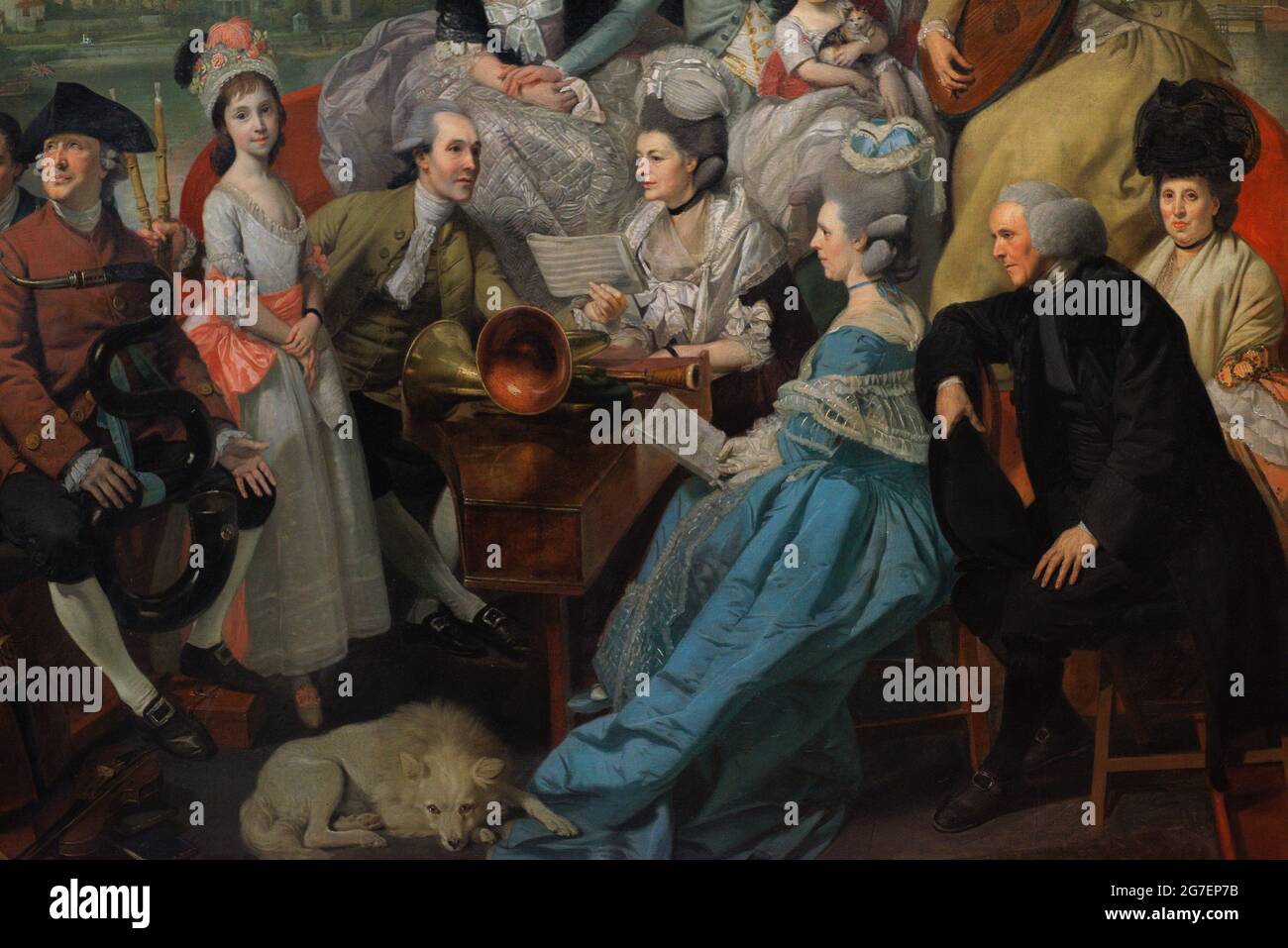 Die Familie Sharp, 1779-1781. Gemälde, das die Konzerte zeigt, die das Orchester der Mitglieder der Familie Sharp auf einem Lastkahn auf der Themse vorführte. Details. Elizabeth Prowse (in der Mitte) spielt das Cembalo. Von Johann Zoffany (1733-1810). National Portrait Gallery. London, England, Vereinigtes Königreich. Stockfoto