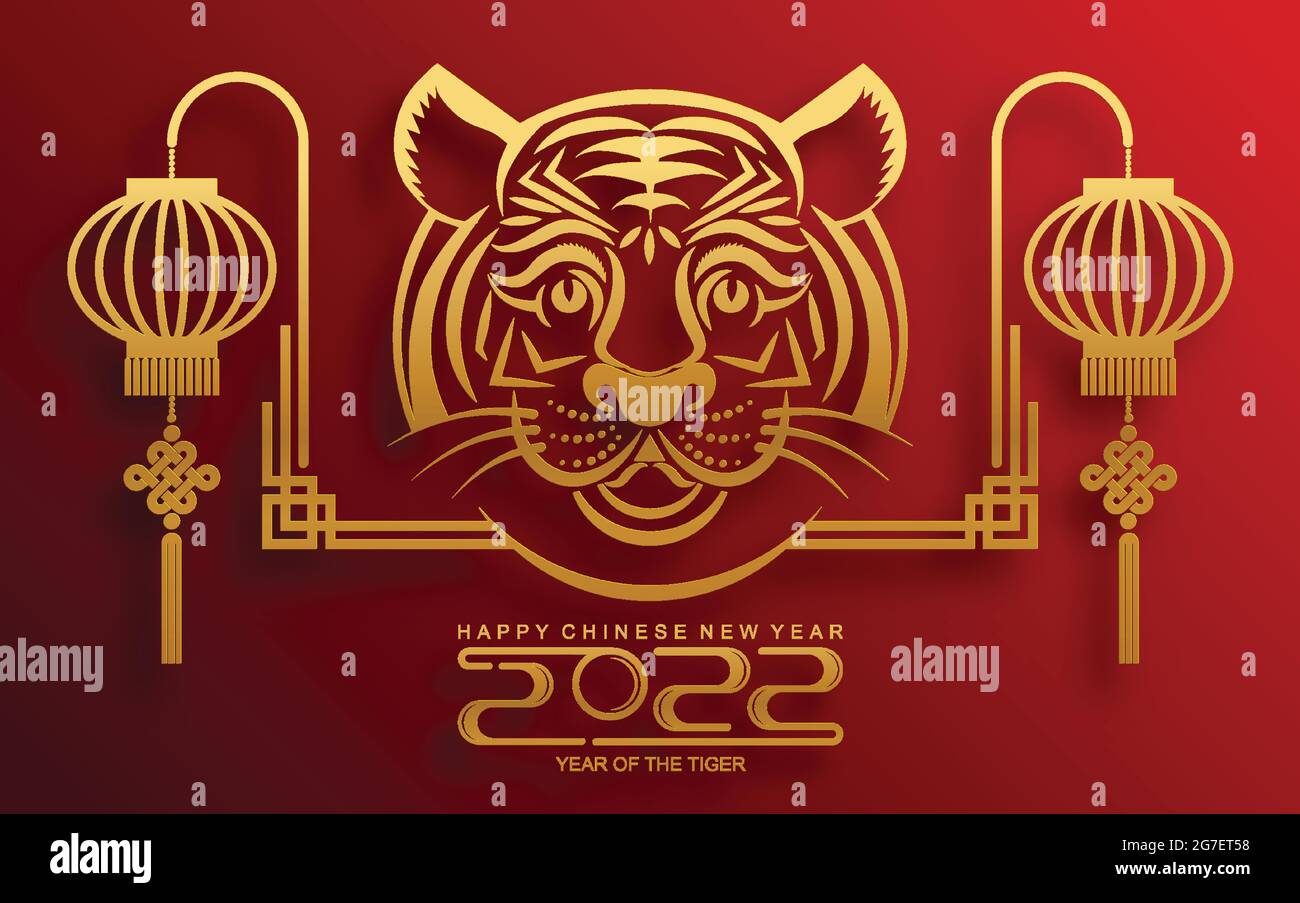Chinesisches Neujahr 2022 Jahr Des Tigers Rot Und Gold Blume Und Asiatische Elemente Papier Mit Handwerk Stil Auf Hintergrund Geschnitten Stock Vektorgrafik Alamy