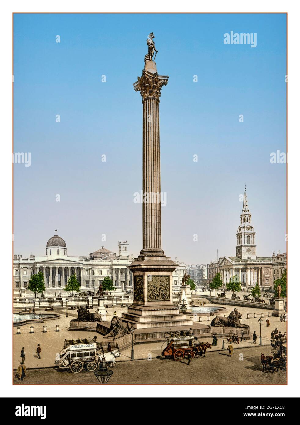 VIKTORIANISCHES LONDON [Trafalgar Square National Gallery & Saint Martin in the Fields Church, London, England] NELSONS COLUMN TRAFALGAR SQUARE 1900 Victorian London. Trafalgar Square Erstellungs-/Veröffentlichungsdatum: [Ca. 1890-1906] Farbfotochrom Pferdegezogene Busse Kutschen Taxis Stockfoto