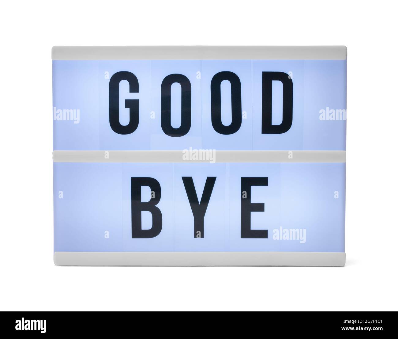 Good Bye-Zeichen auf Weiß ausgeschnitten. Stockfoto