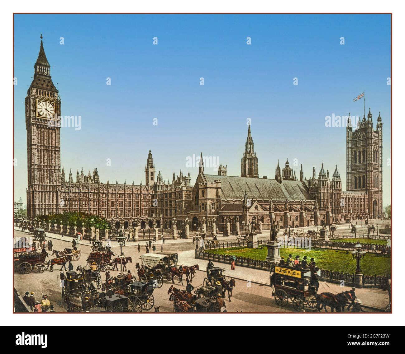 Vintage Houses of Parliament 1900s, Victorian London, England [zwischen 1890 und 1900] photochrom Bild Pferdekutsche und Busse im Vordergrund der Houses of Parliament Westminster London UK Stockfoto