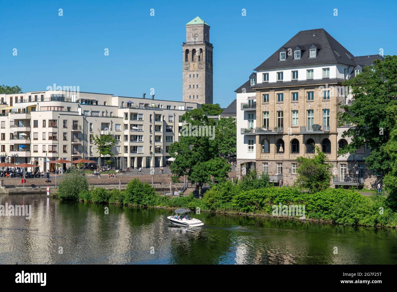 Das Stadtzentrum von Mülheim an der Ruhr, Ruhrpromenade, Wohn- und Geschäftshäuser, Gastronomie, Neubauten, Ruhrbania-Projekt, City Harbo Stockfoto