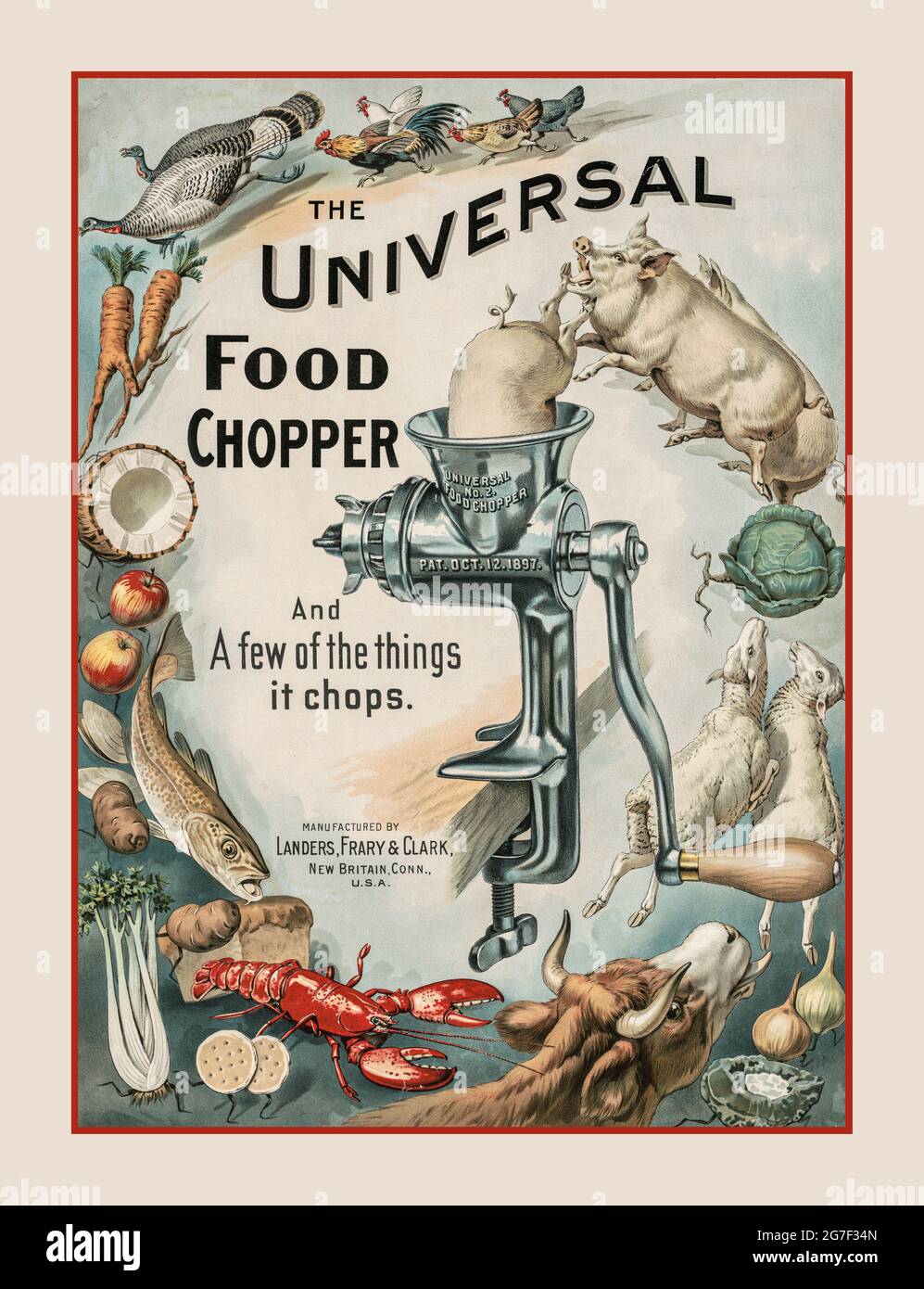 ‘THE UNIVERSAL FOOD CHOPPER’ Vintage 1899 Food Foodstups Illustration Lithograph Poster und ein paar Dinge, die es zerhackt. Forbes Lithograph Manufacturing Company, 1899 die Farblithographie zeigt einen 'Universal No. 2 Food Chopper', der an einer Arbeitsplatte mit einem Wirbel von Tieren und Gemüse von oben in der Mitte in die Öffnung oben am Chopper montiert ist. Unter den Tieren und dem animierten Gemüse sind Hühner, Truthähne, Karotten, Kokosnuss, Äpfel, Muscheln, Fisch, Kartoffeln, Sellerie, Brot, Hummer, Cracker, Rindfleisch, Blumenkohl, Zwiebeln, Schafe, Kohl und Schweinefleisch. Stockfoto