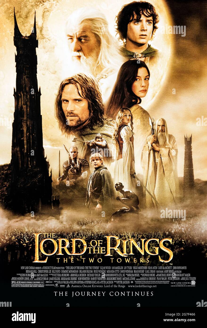 The Lord of the Rings: The Two Towers (2002) von Peter Jackson mit Elijah Wood, Ian McKellen, Orlando Bloom und Sean Bean. Die epische Adaption der Romane von J.R.R. Tolkien setzt sich fort, während sich die Gemeinschaft teilt. Foto eines Original-Posters aus dem Jahr 2002 (USA) ***NUR FÜR REDAKTIONELLE ZWECKE***. Beschreibung: BFA / New Line Cinema Stockfoto
