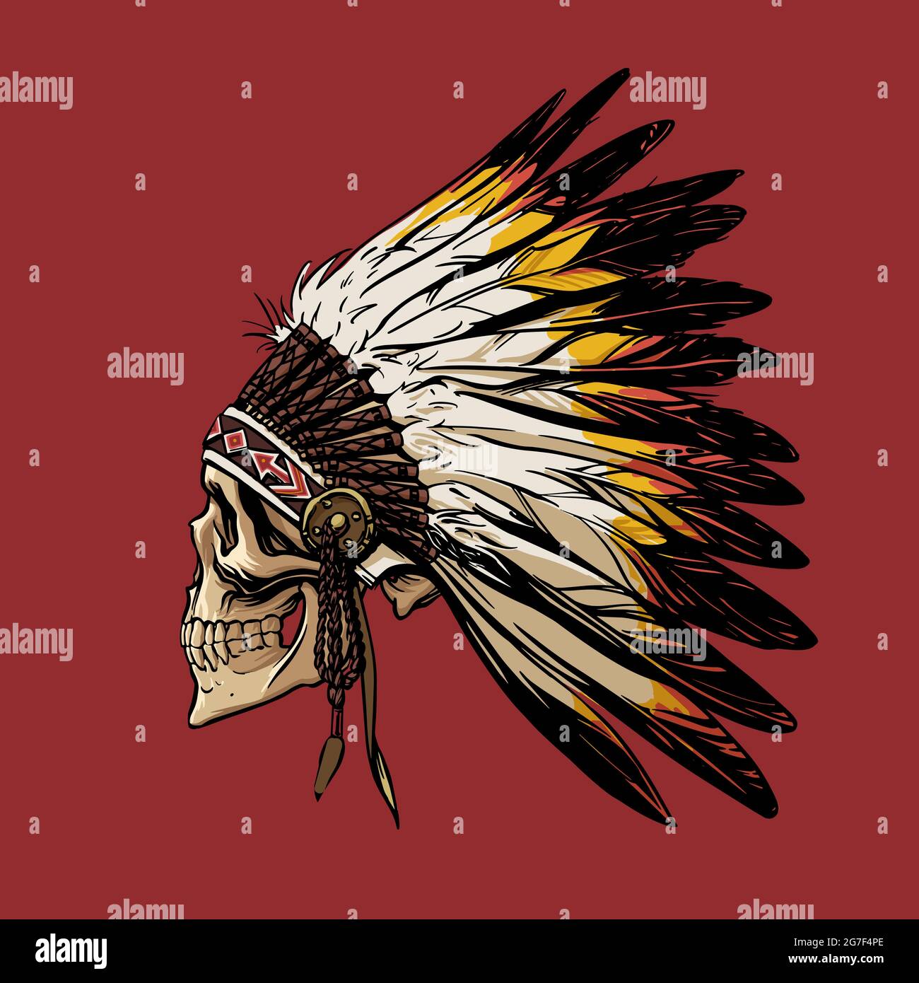 Handzeichnung eines Schädels in einem Kopfschmuck eines Apache Indianers zum Bedrucken von T-Shirts, Taschen, Hoodies, Tassen, Design. Vektorgrafik Stock Vektor