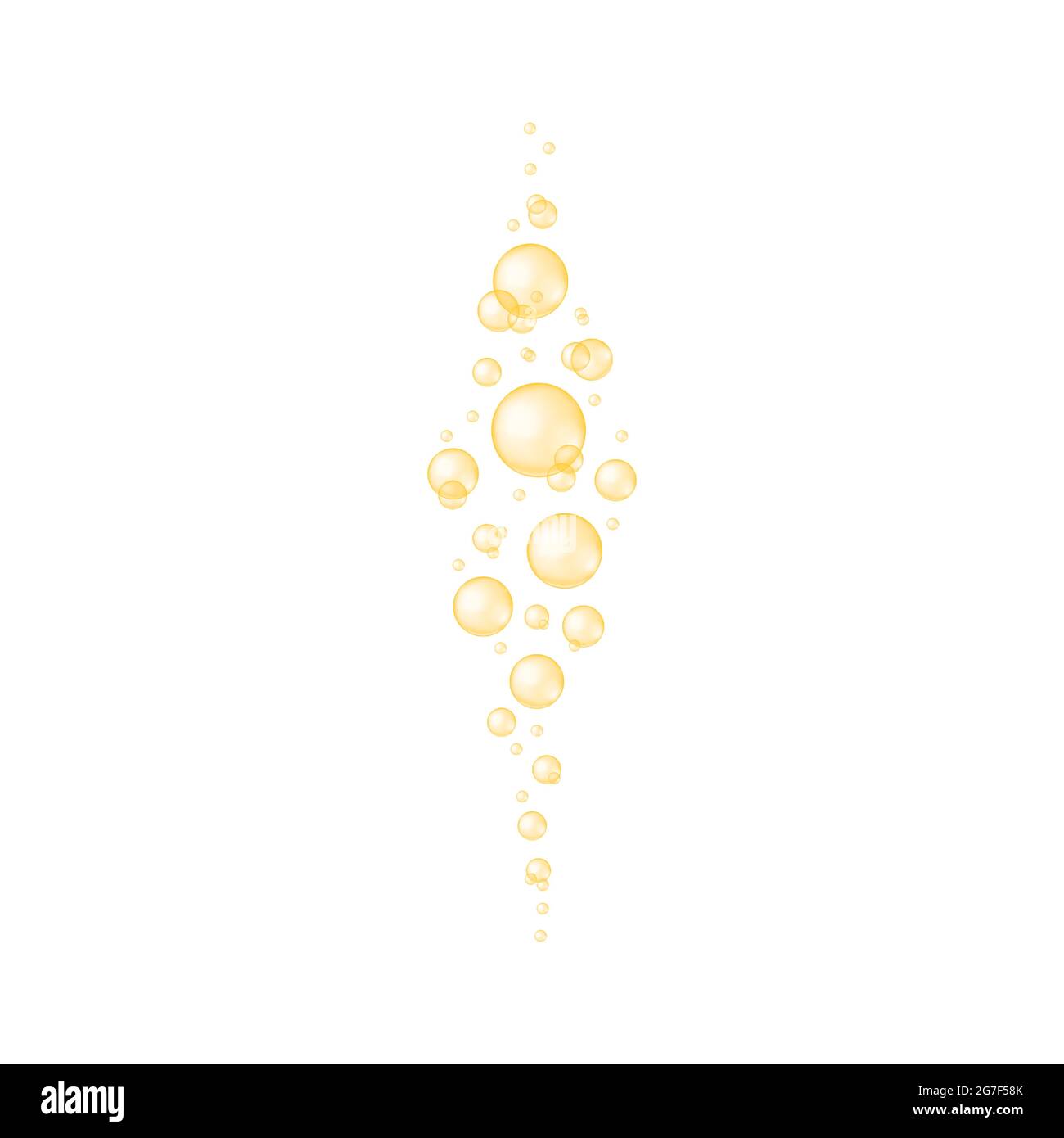 Goldene Sauerstoffblasen Textur. Glänzende Kugeln aus Kollagen, Serum, Jojoba-Kosmetiköl, Vitamin A oder E, Omega-Fettsäuren. Sprudelnder Wasserstrahl. Kohlensäurehaltiges Getränk Vektor-realistische Darstellung. Stock Vektor