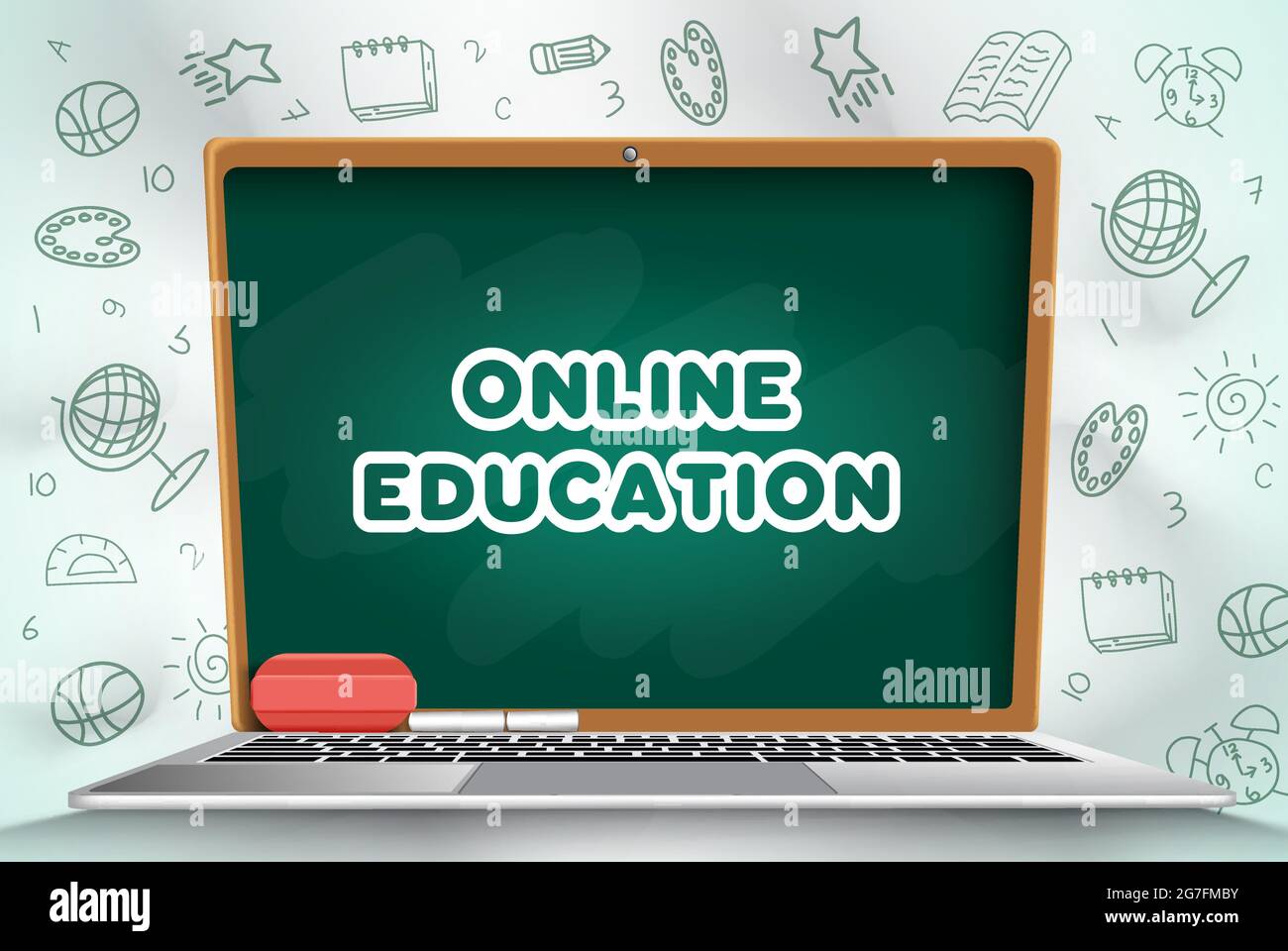 Online-Bildung Vektor-Design. Online-Bildung Text in Tafel Laptop-Bildschirm-Element mit Doodle Art Hintergrund für digitale Geräte E-Learning. Stock Vektor