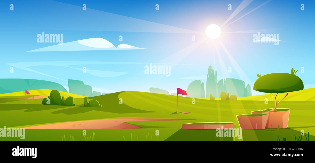 Golfplatz Naturlandschaft, grünes Gras, Pole-Flagge, Loch für Ball und Bäume unter blauem Himmel mit heller Sonne scheint. Platz für ruhigen Freizeitsport, Cartoon Hintergrund, Vektor-Illustration Stock Vektor