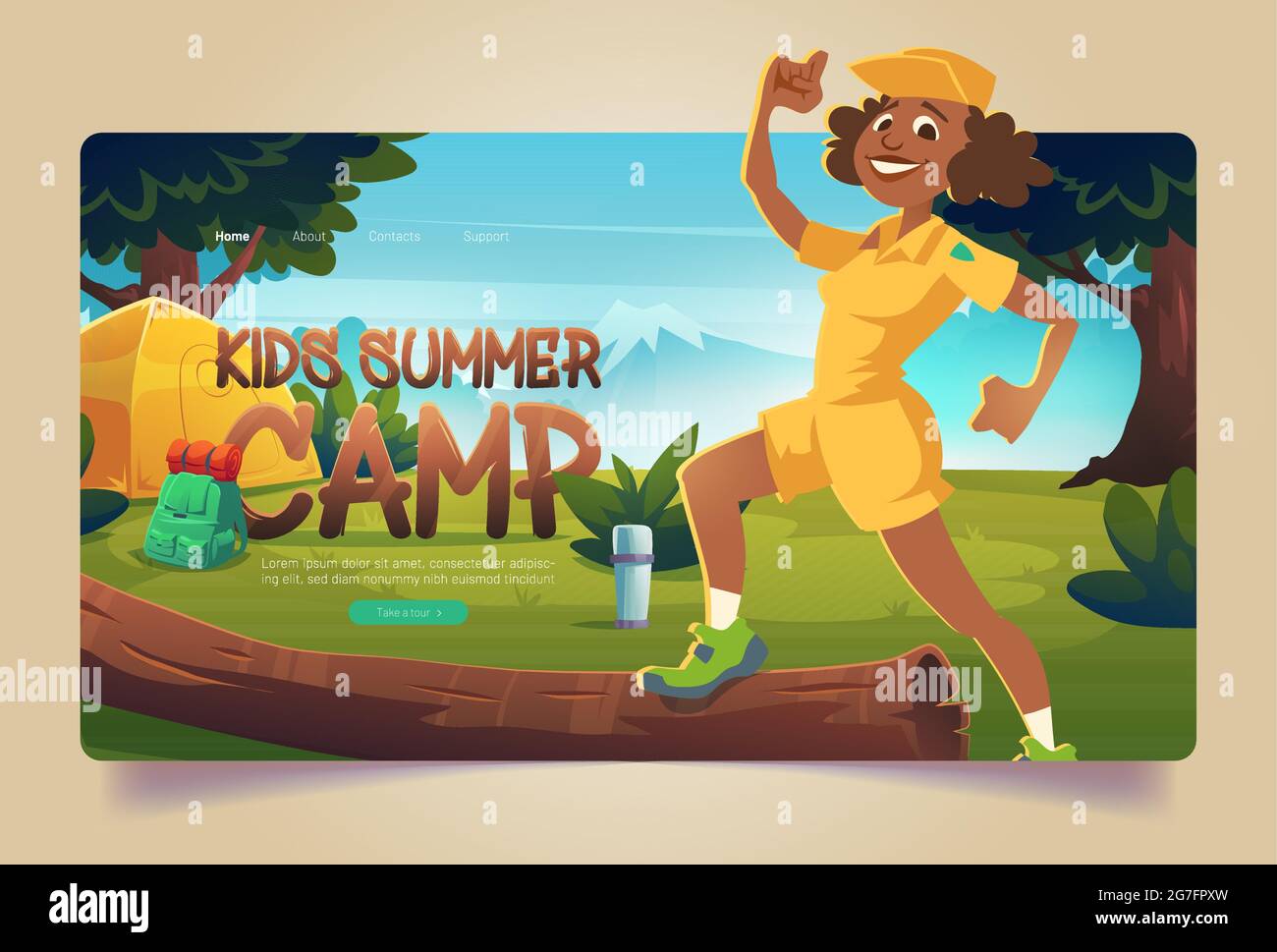 Kinder Sommer Camp Cartoon Landing Page, fröhliche Berater in Boyscout Uniform auf Wanderung Wald camping mit Zelt, Vakuum-Flasche und Rucksack. Sommerurlaub, Wanderaktivitäten, Vector Webbanner Stock Vektor