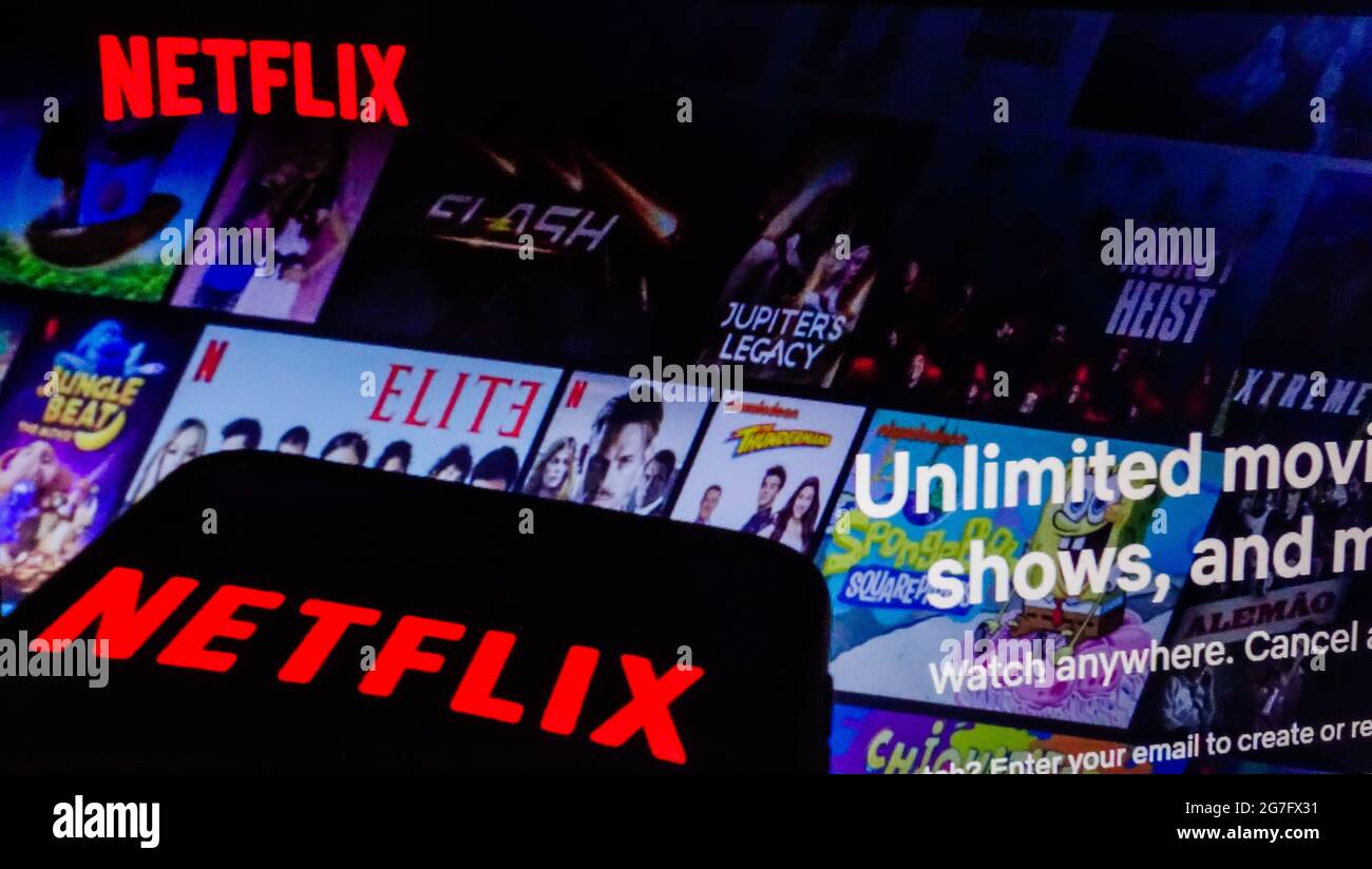 SAO PAULO, BRASILIEN - 03. Jul 2021: Netflix Streaming-Firmenlogo sichtbar auf Smartphone-Bildschirm, und Website-Homepage im Hintergrund. Stockfoto