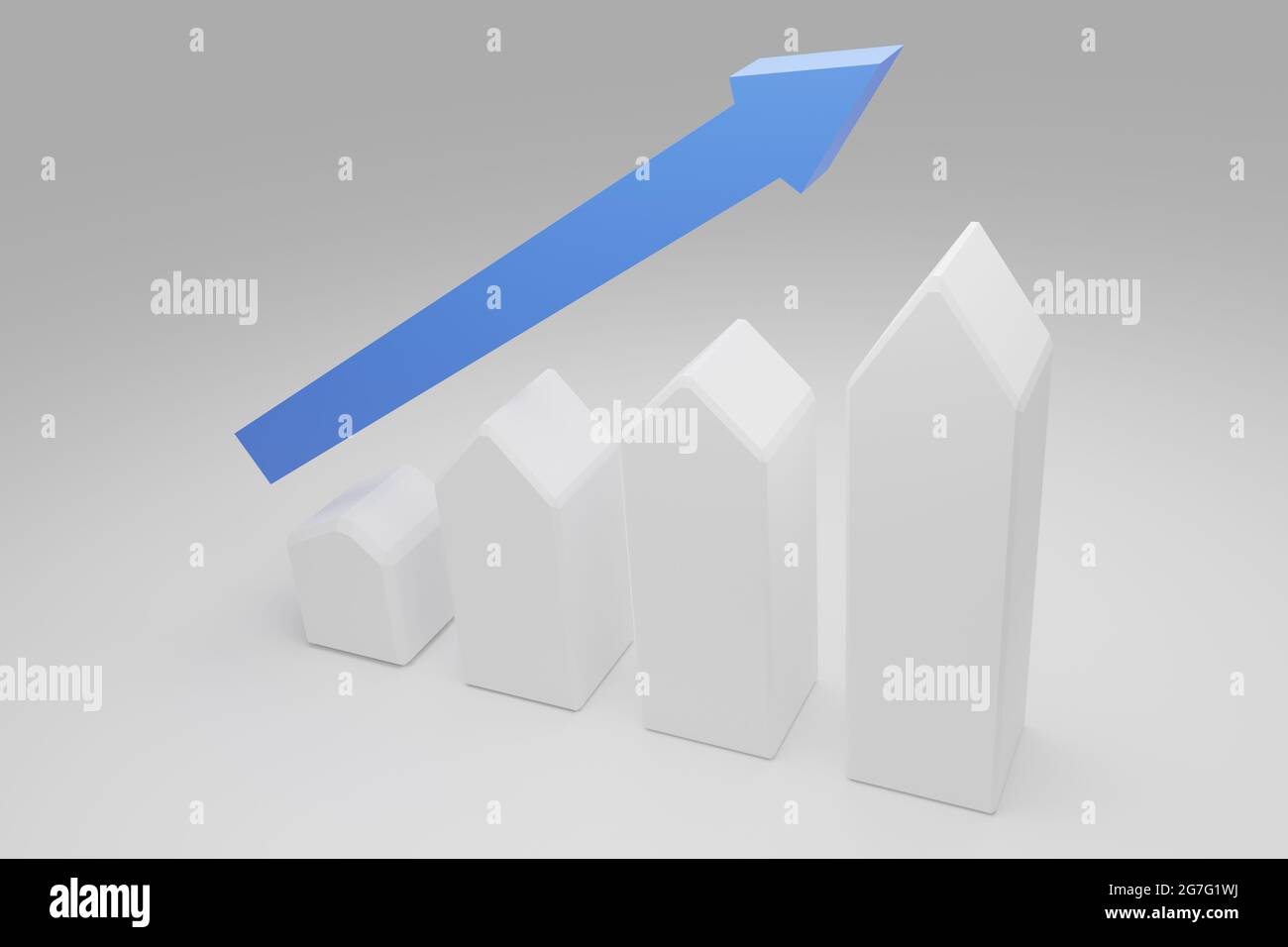 Puristische Hausformen mit Aufwärtspfeil. Wohnungsboom, Immobilienmarkt wächst, hohe Nachfrage nach Immobilien, Immobilienpreise steigen Konzept, 3d rende Stockfoto