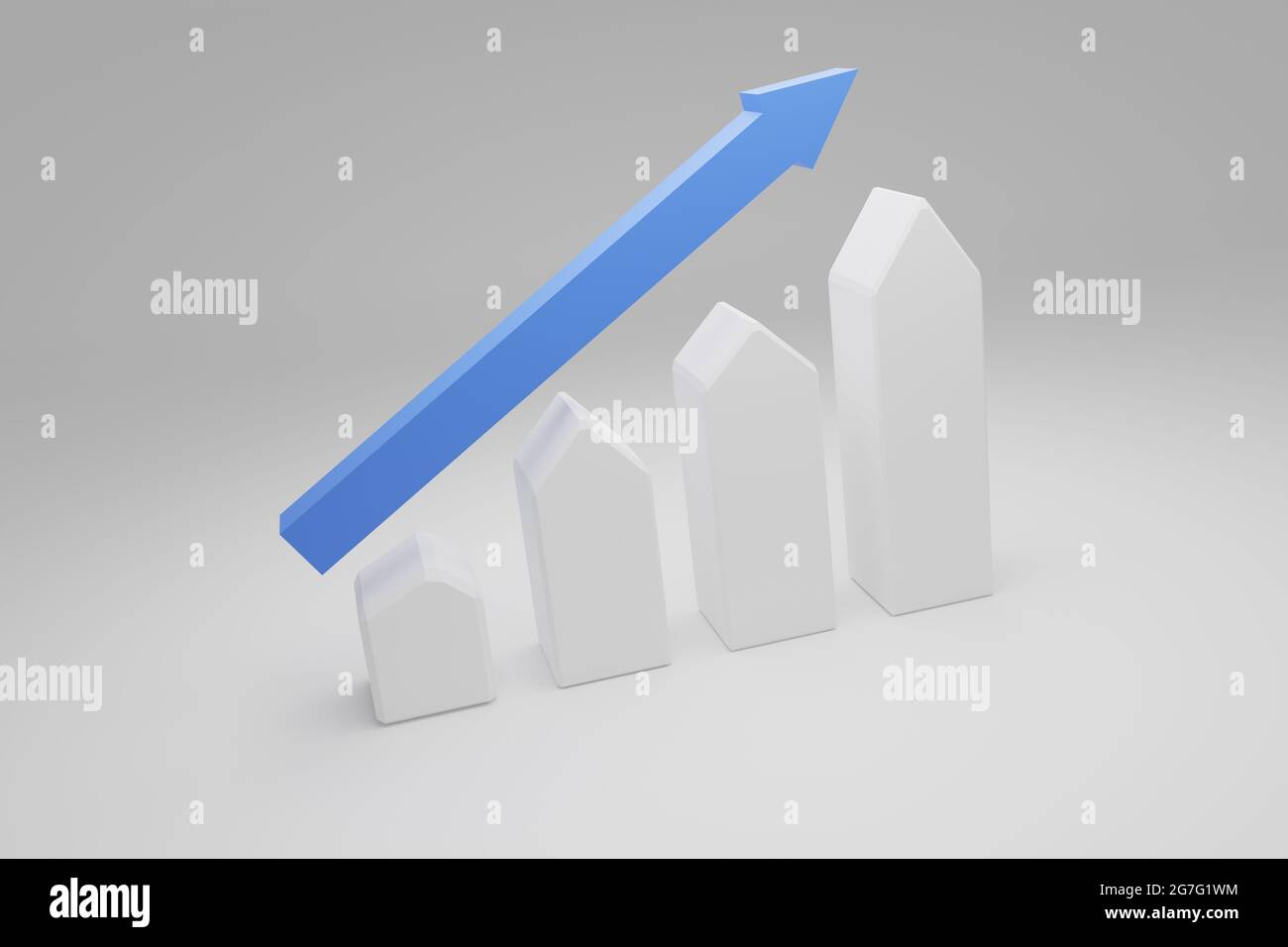 Puristische Hausformen mit Aufwärtspfeil. Wohnungsboom, Immobilienmarkt wächst, hohe Nachfrage nach Immobilien, Immobilienpreise steigen Konzept, 3d rende Stockfoto