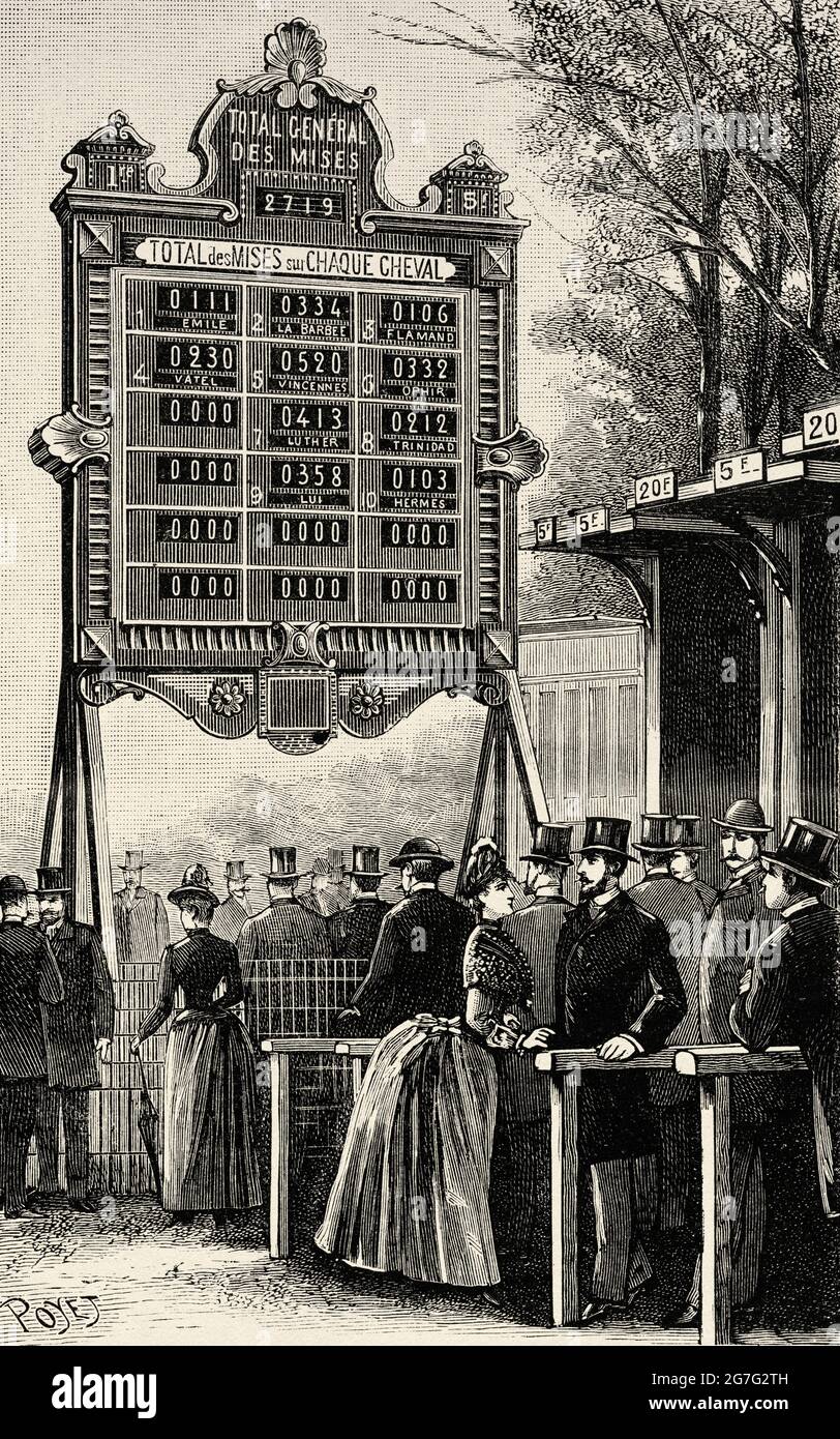 Gesamteinsätzen-Summierer für Rennwetten. Alte, gravierte Illustration aus dem 19. Jahrhundert von La Nature 1888 Stockfoto
