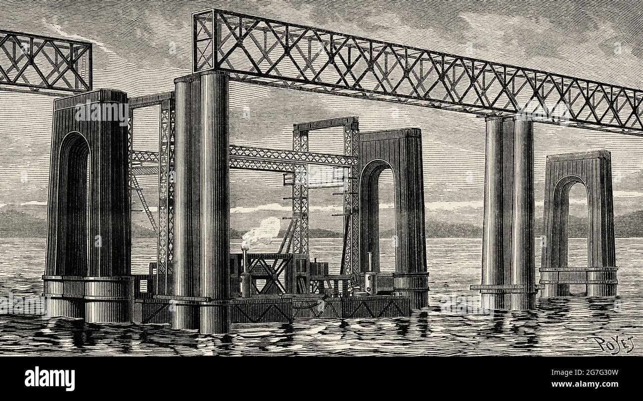 Wiederaufbau der Tay-Brücke, die 1887 erbaut wurde, um die im Sturm vom 28. Dezember 1879 zerstörte Brücke zu ersetzen. Dundee, Schottland, Vereinigtes Königreich. Alte, gravierte Illustration aus dem 19. Jahrhundert von La Nature 1888 Stockfoto