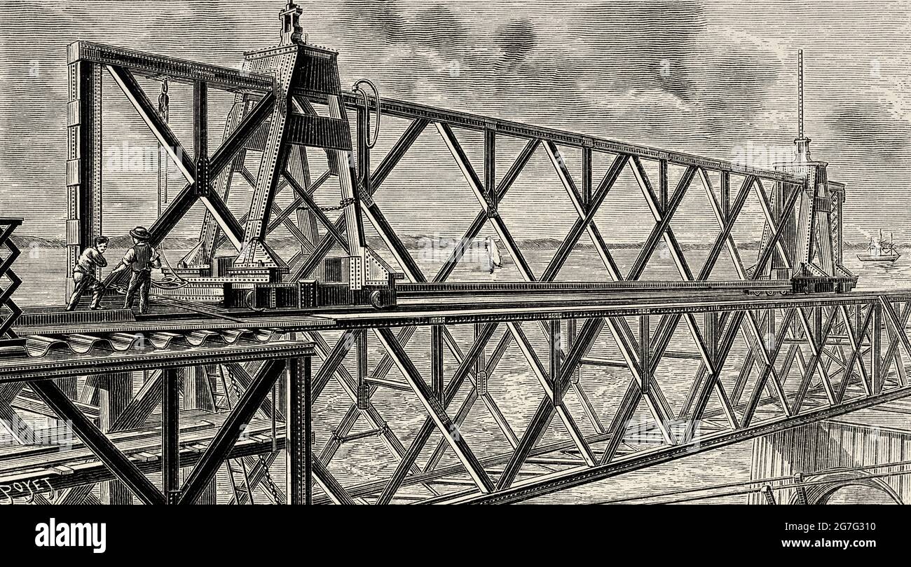 Wiederaufbau der Tay-Brücke, die 1887 erbaut wurde, um die im Sturm vom 28. Dezember 1879 zerstörte Brücke zu ersetzen. Dundee, Schottland, Vereinigtes Königreich. Alte, gravierte Illustration aus dem 19. Jahrhundert von La Nature 1888 Stockfoto