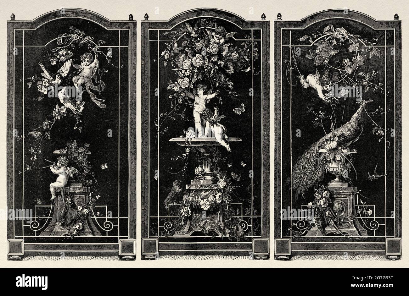 Klappbildschirm aus dem 19. Jahrhundert, gemalt von Woldemar Friedrich (1846-1910), einem deutschen historischen Maler und Illustrator. Alte Illustration aus dem 19. Jahrhundert von El Mundo Ilustrado 1880 Stockfoto