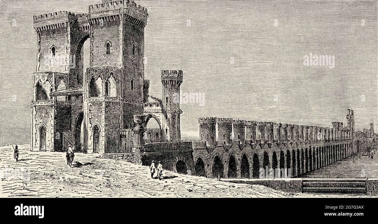 Das Große Delta-Sperrwerk. Qanater ElKhayriah, Qalyub. Delta Barrages ist die erste moderne Bewässerungsstruktur über den Nil, die sich an der Spitze des Nildeltas befindet. Mitte der 1850er Jahre übernahm der Viceroy Sa'id Pasha den Projektbau. Kairo, Ägypten, Nordafrika. Alte Illustration aus dem 19. Jahrhundert von El Mundo Ilustrado 1880 Stockfoto