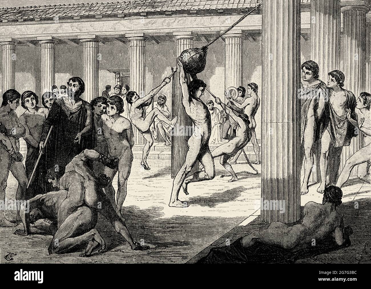 Junge Spartaner trainieren bei Sparta. Altes Griechenland, Europa. Alte Illustration aus dem 19. Jahrhundert von El Mundo Ilustrado 1880 Stockfoto