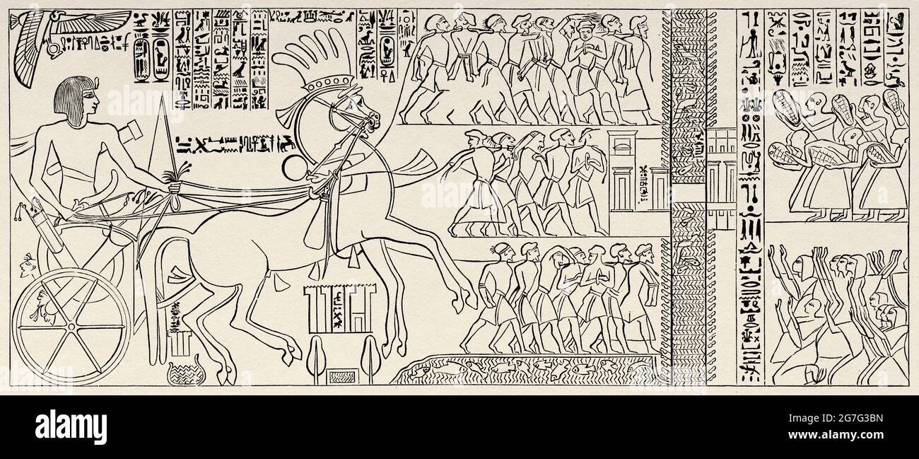 Der Suezkanal Pharao Seti I. Ägyptisches Flachrelief an der Wand außerhalb nördlich des Tempels von Karnak, Theben. Ägypten, Nordafrika. Alte Illustration aus dem 19. Jahrhundert von El Mundo Ilustrado 1880 Stockfoto