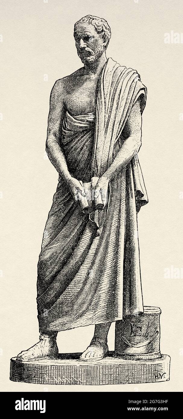 Demosthenes war einer der wichtigsten Redner der Geschichte und ein wichtiger Politiker Athens. Er wurde in Athen geboren, im Jahr 384 ein C. und starb in Calauria, im Jahr 322 ein C. das antike Griechenland, Europa. Alte Illustration aus dem 19. Jahrhundert von El Mundo Ilustrado 1880 Stockfoto