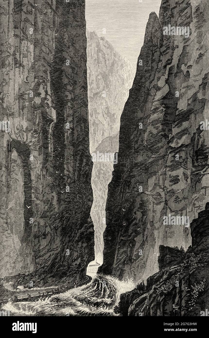 Von Denver nach Rio Grande Zug in der Royal Gorge im Grand Canyon, Colorado. USA. Alte Illustration aus dem 19. Jahrhundert von El Mundo Ilustrado 1880 Stockfoto