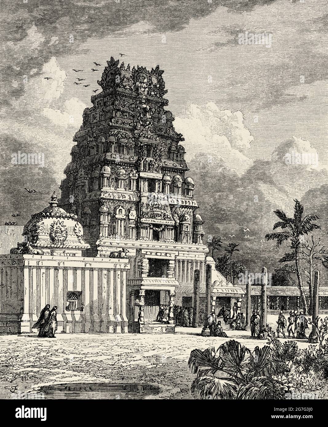 Villenour-Pagode. Hindu-Tempel, Villianur, Pondicherry, Indien. Alte Illustration aus dem 19. Jahrhundert von El Mundo Ilustrado 1880 Stockfoto