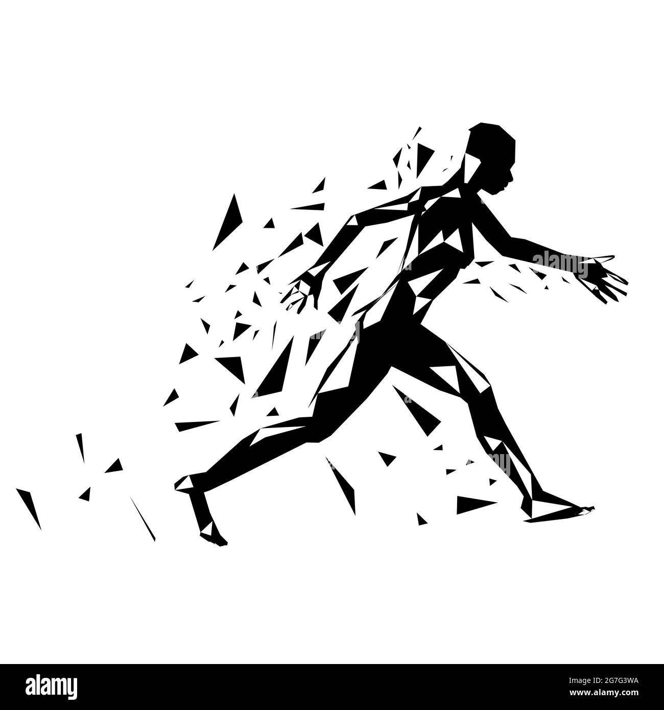 Abstrakte Silhouette eines laufenden Mannes, der auf weißem Hintergrund isoliert in Stücke gerissen wurde. Vektorgrafik. Stock Vektor