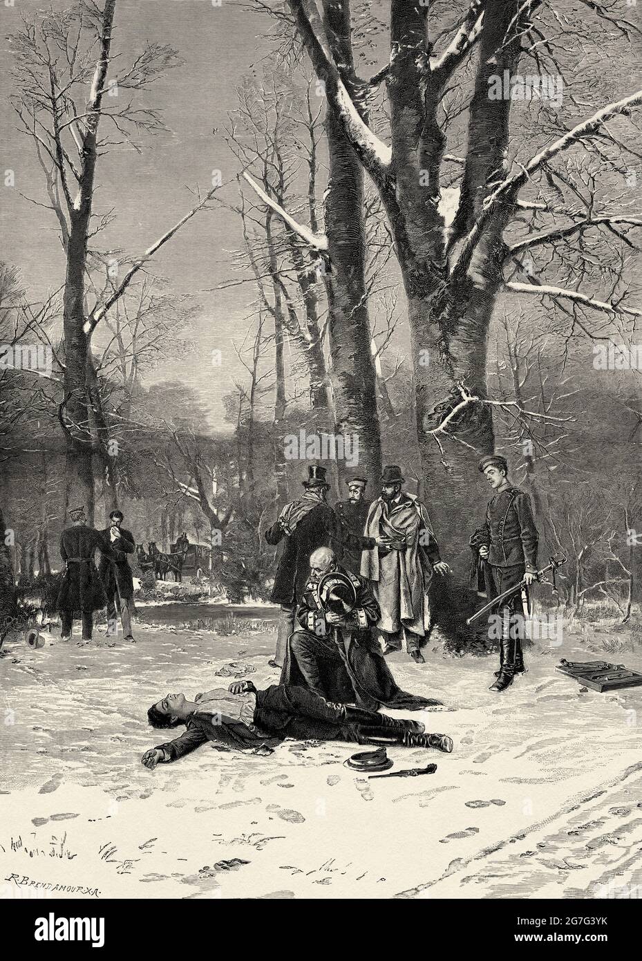 Zwei Männer duellieren sich mit Pistolen zu Tode. Alte Illustration aus dem 19. Jahrhundert von El Mundo Ilustrado 1880 Stockfoto