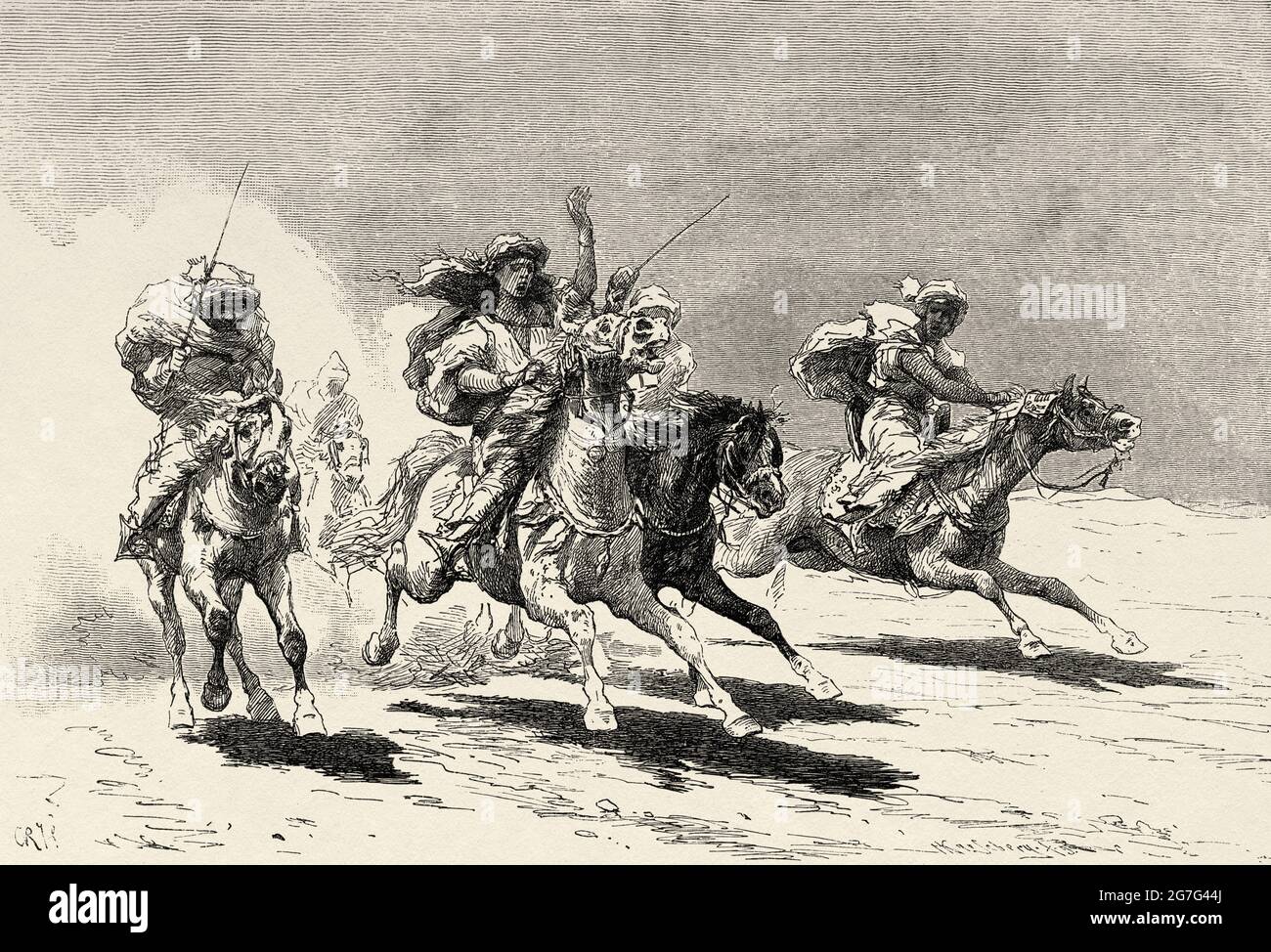 Pferderennen in der Wüste, Ägypten, Nordafrika. Alte Illustration aus dem 19. Jahrhundert von El Mundo Ilustrado 1880 Stockfoto