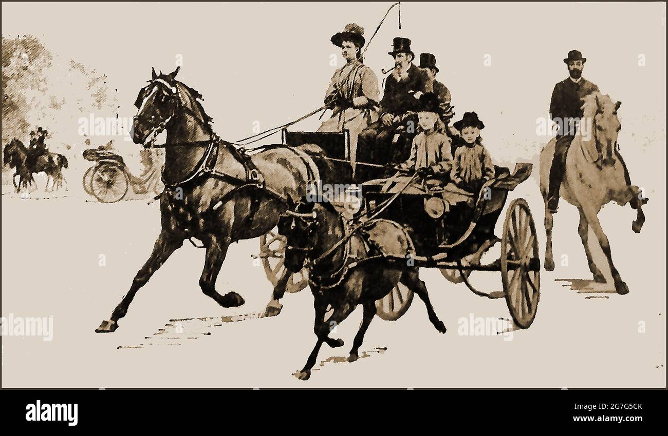 Eine Vintage-gedruckte Illustration, die beliebte Transportmittel des späten 19. Jahrhunderts in Großbritannien zeigt (Phaeton, Falle, Pferd) Stockfoto