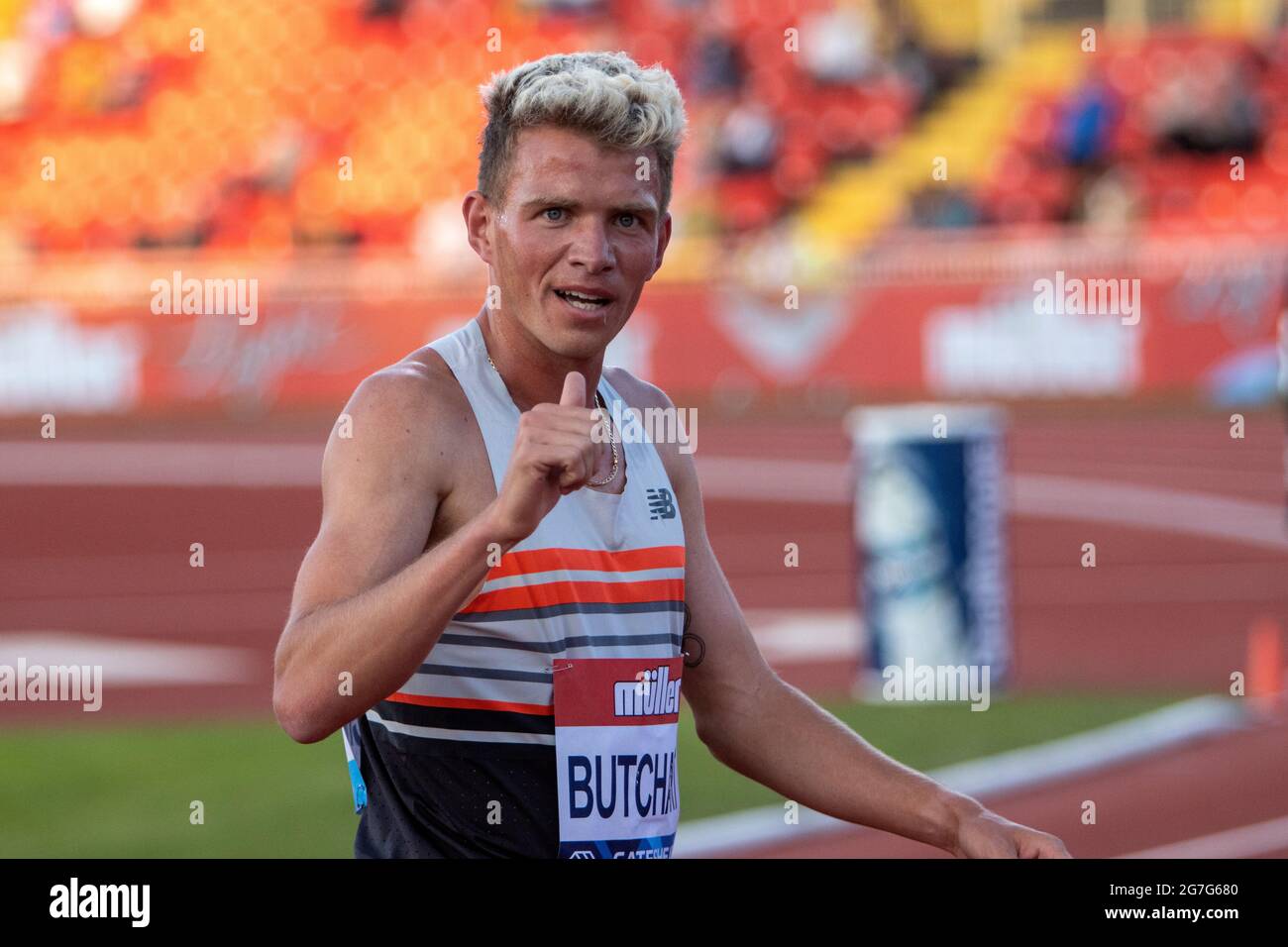 Gateshead, England, Großbritannien. Juli 2021. Andrew Butchart aus Großbritannien reagiert auf den dritten Platz im 3,000-Meter-Finale der Männer beim Gateshead 2021 Müller British Grand Prix im Gateshead International Stadium. Kredit: Iain McGuinness/Alamy Live Nachrichten Stockfoto