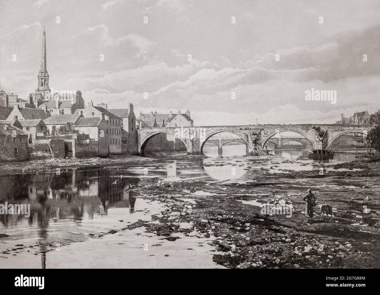 Eine Ansicht der TWA-Brücken aus dem späten 19. Jahrhundert in Ayr, Schottland. Die Auld Brig diente über drei Jahrhunderte als einziger Flussübergang in Ayr und der Bau der Neuen Brücke begann im Herbst 1786. Während der Bauarbeiten an der neuen Brücke wurde 1787 Robert Burns' berühmtes Gedicht „die Brigs of Ayr“ geschrieben, das den „Auld Brig“ wirklich verewigte. Die neue Brücke wurde im folgenden Jahr eröffnet. Stockfoto