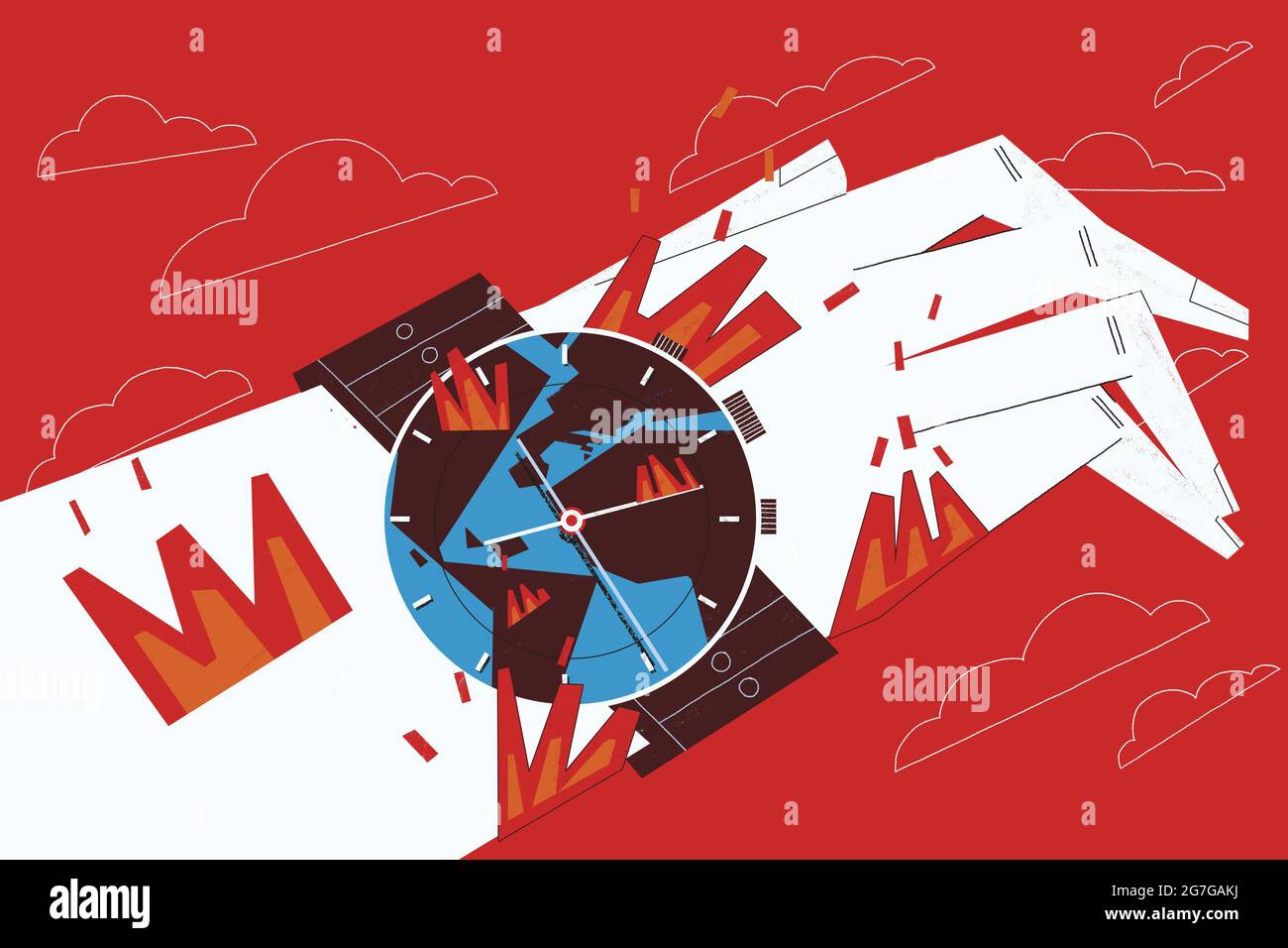 Klimakrise und Konzept der globalen Erwärmung. Die Abbildung zeigt eine Hand, die eine Uhr in Flammen trägt, was eine Warnung vor der Klimaherausforderung vor ti darstellt Stockfoto
