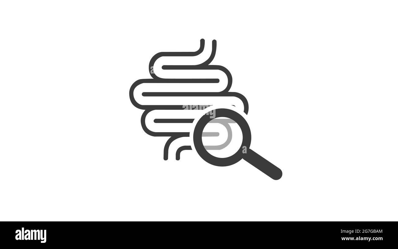 Vektorsymbol für medizinische Untersuchungen des menschlichen Dickdarms. Vektorsymbol für medizinische Untersuchungen des menschlichen Dickdarms. Illustration des menschlichen Verdauungssystems mit Lupe Stock Vektor