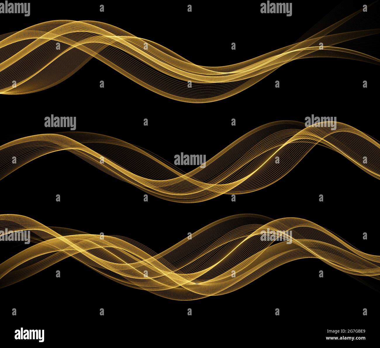 Abstrakte Goldwellen. Glänzendes goldenes, bewegliches Liniendesign auf dunklem Hintergrund für Grußkarte und Gutschein. Stock Vektor