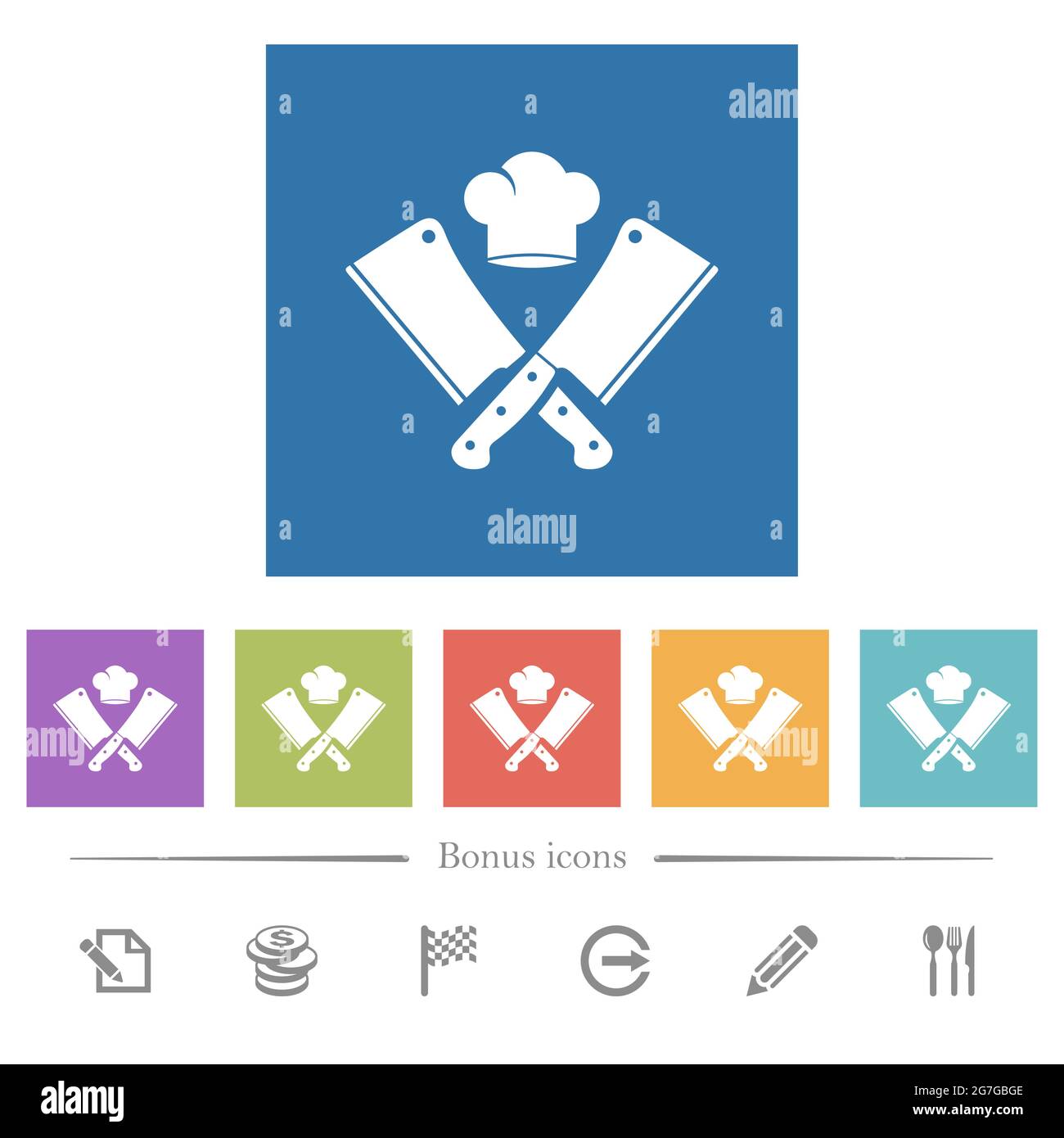 Zwei gekreuzte Fleischspalten und Kochmütze mit flachen weißen Symbolen auf quadratischem Hintergrund. 6 Bonus-Symbole enthalten. Stock Vektor