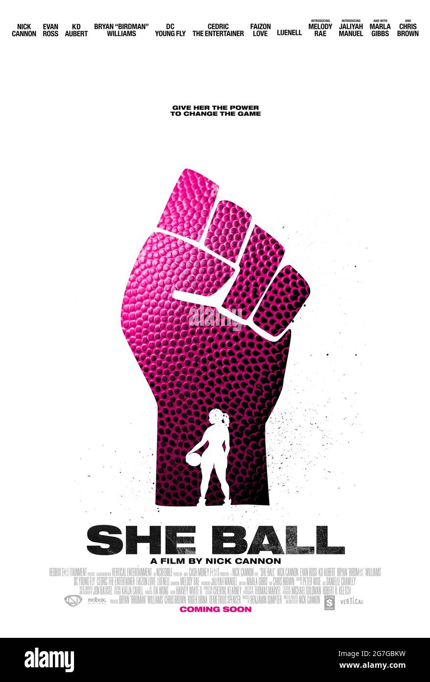 She Ball (2020) unter der Regie von Nick Cannon mit Rosa Acosta, K.D. Aubert und Chris Brown. Komödie über ein weißes Mädchen mit Basketballkenntnissen, das sich mit einem afroamerikanischen alleinerziehenden Vater zusammengetan hat, um ein Gemeindezentrum in Inglewood, Los Angeles, zu retten. Stockfoto