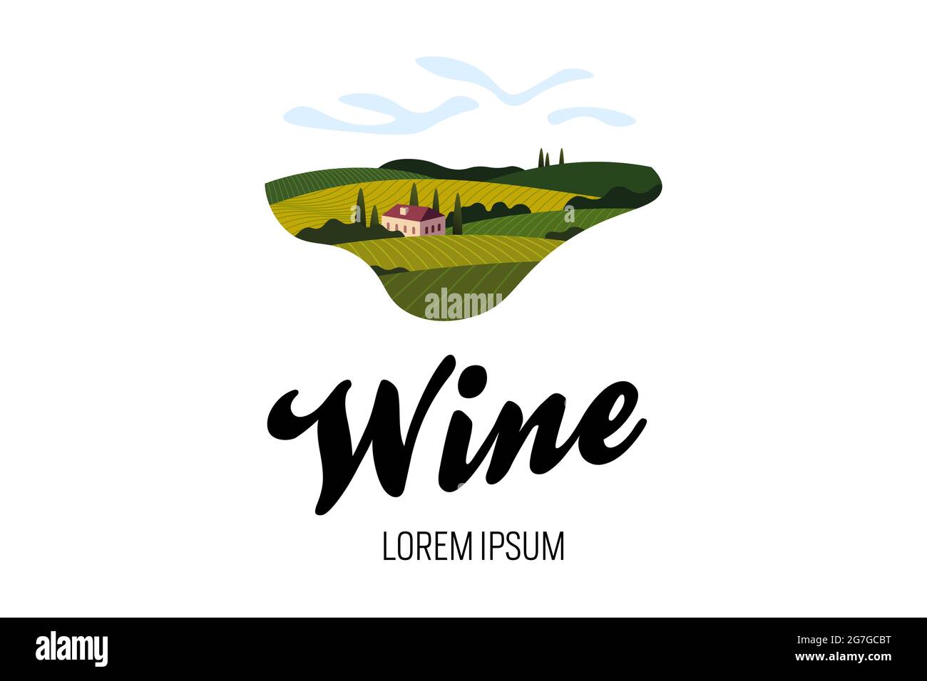 Weingut Wein Traube Hügel Bauernhof Logo Konzept. Romantische ländliche Landschaft an sonnigen Tagen mit Villa, Weingärten, Plantagenhügeln, Bauernhöfen, Wiesen und Bäumen. Vektor eps Farbe kreative Zeichen Illustration Stock Vektor