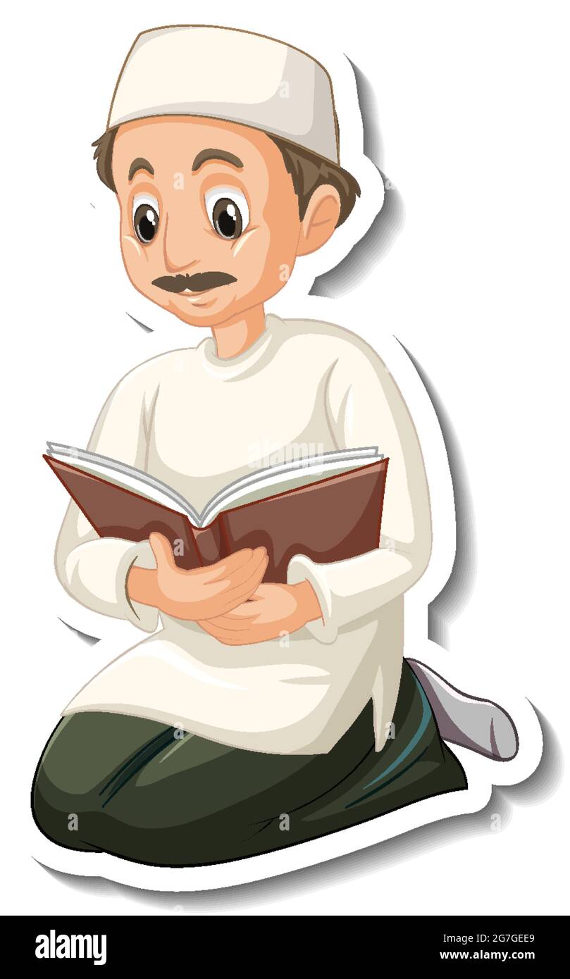 Eine Stickervorlage mit einem muslimischen Mann, der die illustration des quran-Buches liest Stock Vektor