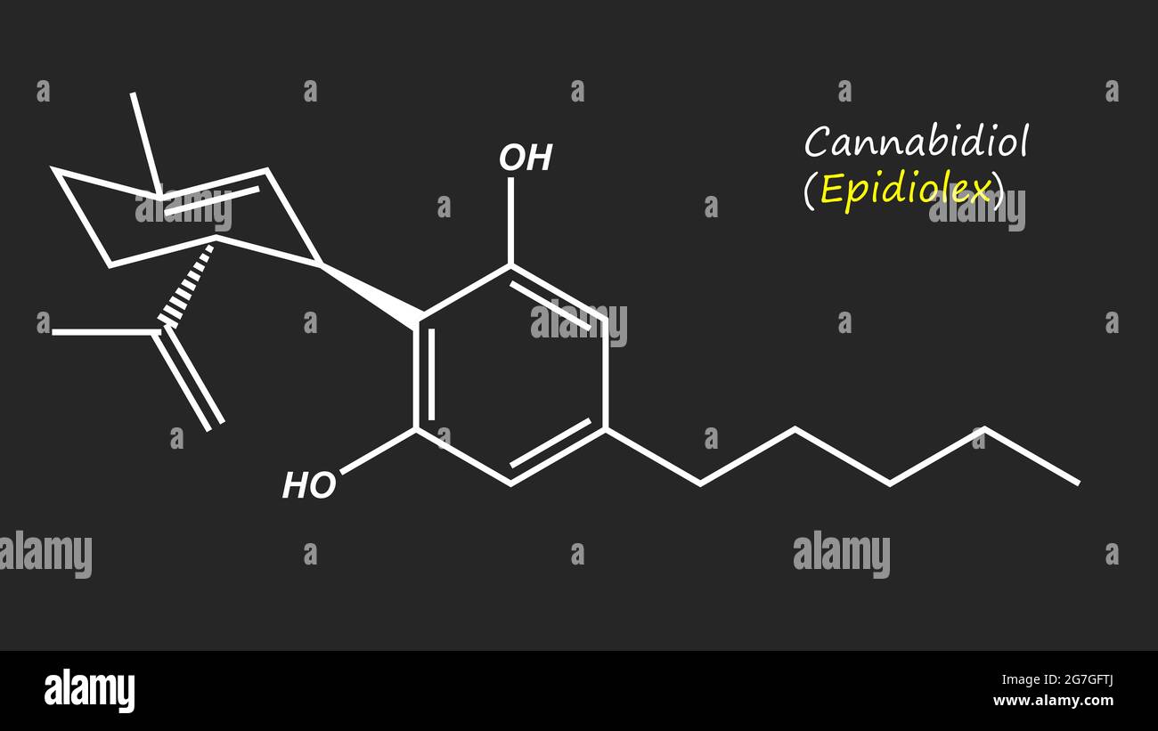 Cannabidiol (CBD) ist ein Phytocannabinoid. „Epidiolex“ zur Behandlung von Krampfanfällen, die mit dem Dravet-Syndrom, dem Lennox-Gastaut-Syndrom, assoziiert sind Stockfoto