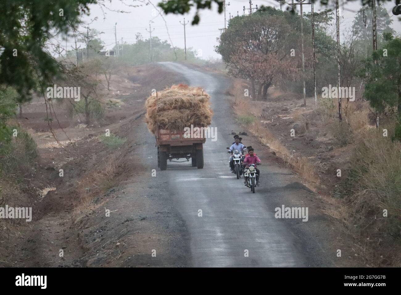 Dorfstraße in ländlicher Umgebung mit Traktor, der Heu oder getrocknetes Gras trägt, Dhule-Bezirk, Maharashtra Stockfoto