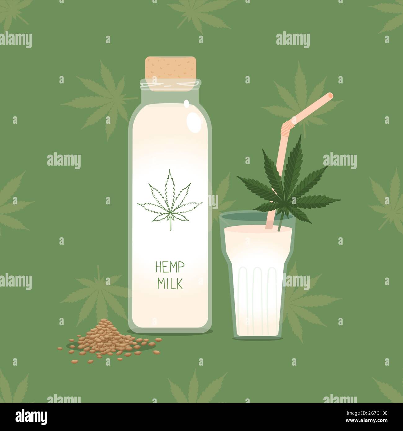 Hanfmilch. Flasche Hanfmilch auf pflanzlicher Basis mit Glas und Stroh, Samen und Cannabisblatt. Alternative gesunde Pflanzenmilch für Veganer Stock Vektor