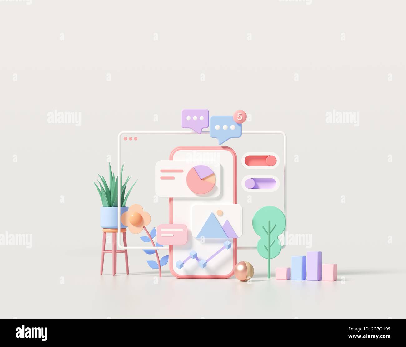 3D minimale mobile App-Entwicklung und mobiles Web-Design-Konzept, Optimierung der Benutzeroberfläche. 3D-Renderdarstellung Stockfoto