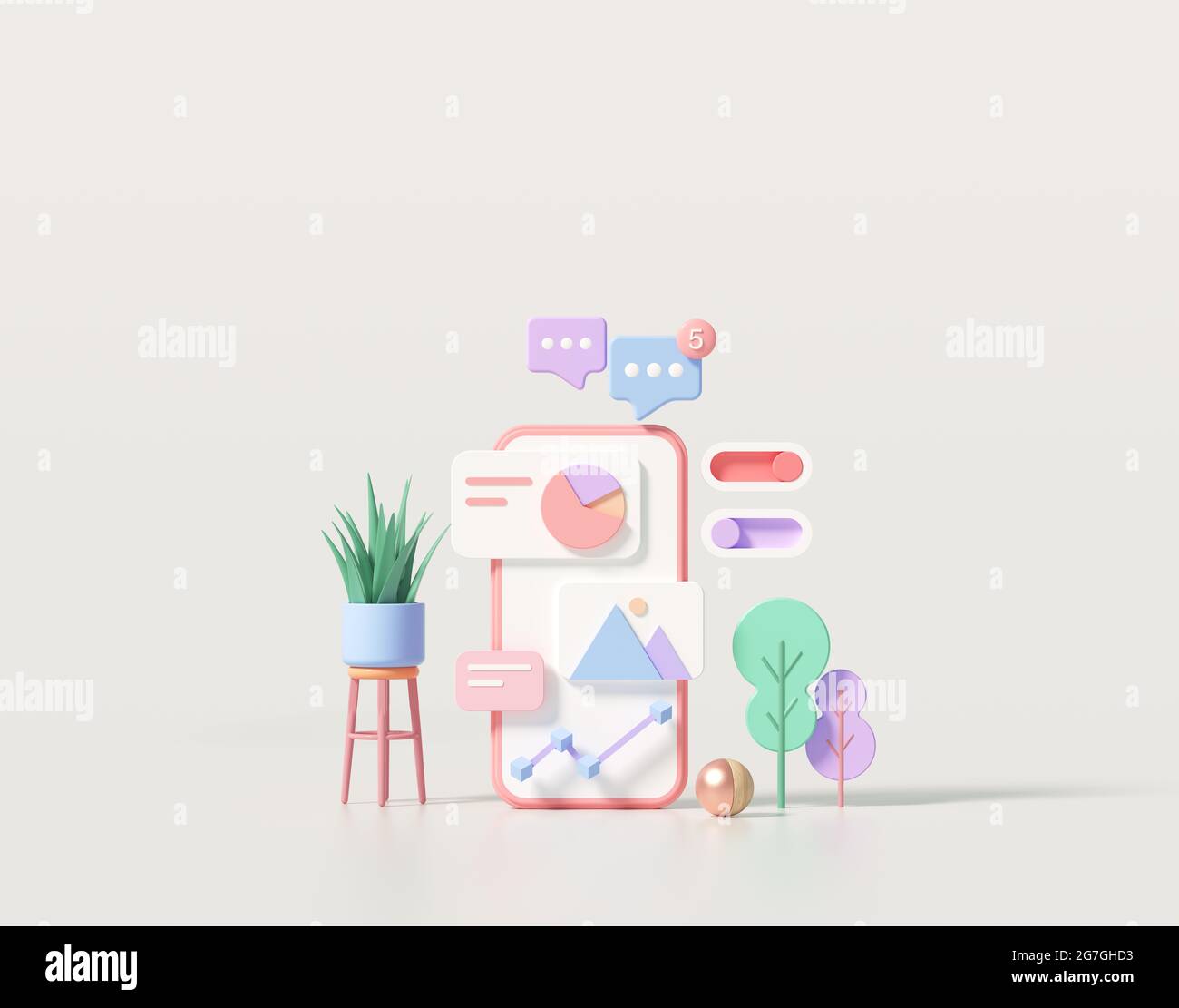 3D minimale mobile App-Entwicklung und mobiles Web-Design-Konzept, Optimierung der Benutzeroberfläche. 3D-Renderdarstellung Stockfoto