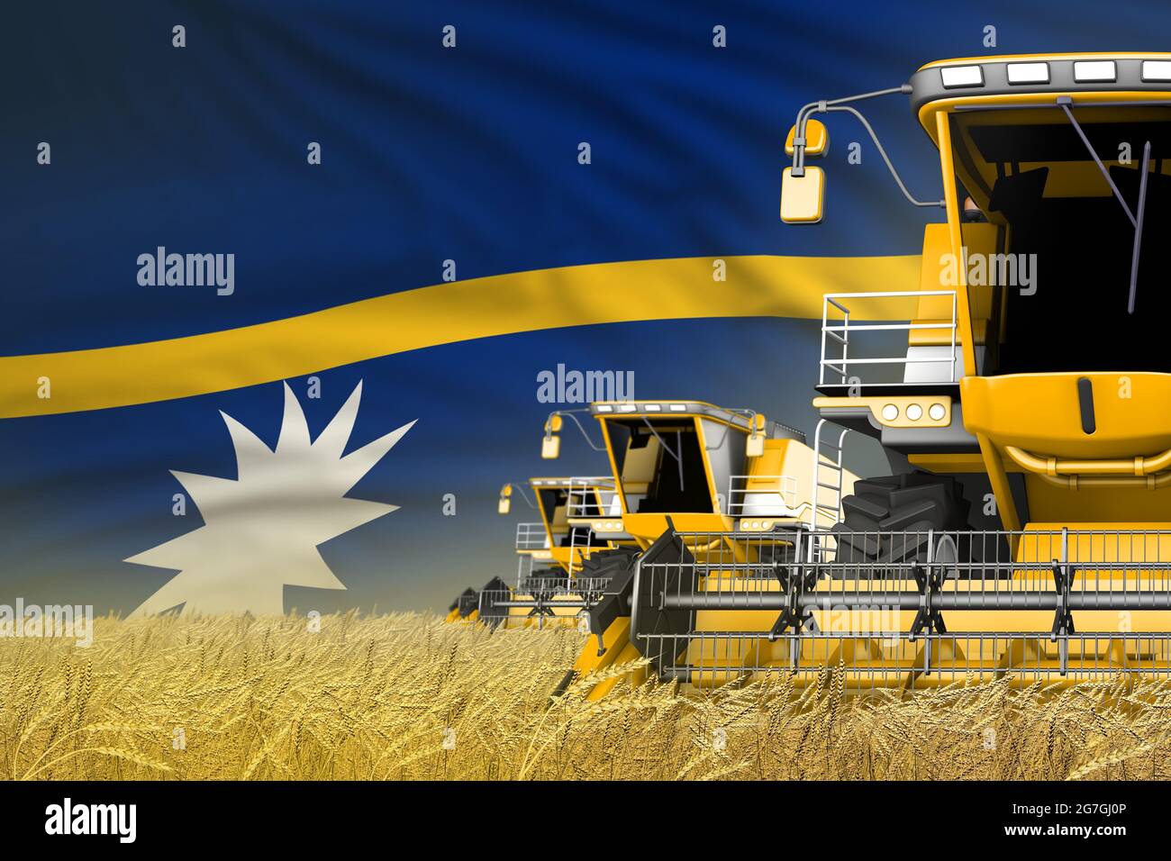 3 gelbe moderne Mähdrescher mit Nauru-Flagge auf Roggenfeld - Ansicht schließen, Farming-Konzept - industrielle 3D-Illustration Stockfoto